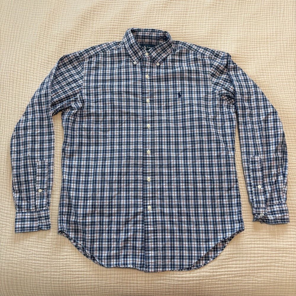 Ralph Lauren Button Down Shirt Mens Sz Medium Blue Plaid Long Sleeve 100% Cotton